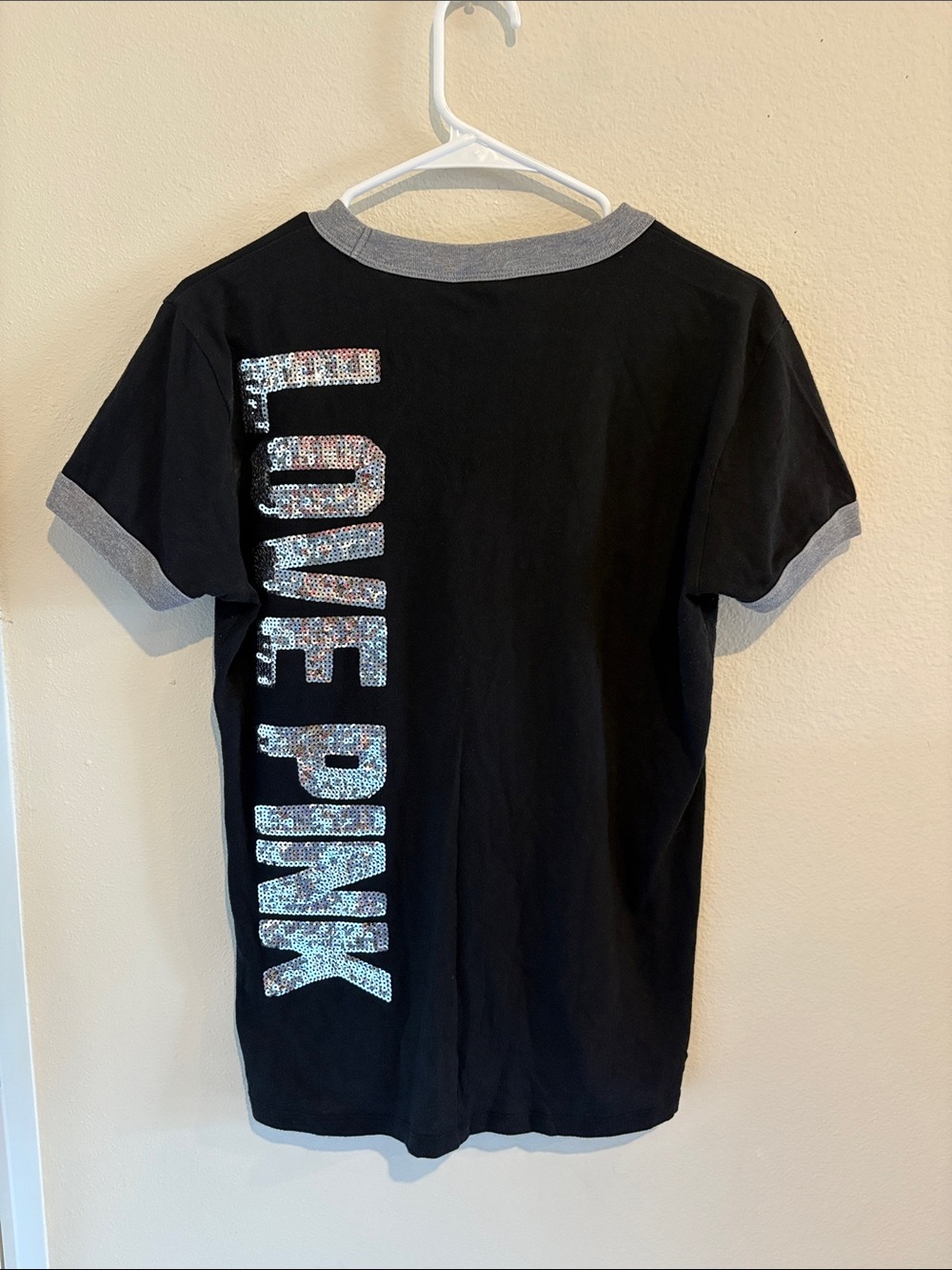 PINK Victoria's Secret Ringer Tee shirt Black with Gray Trim Silver sequins - Picture 2 of 2